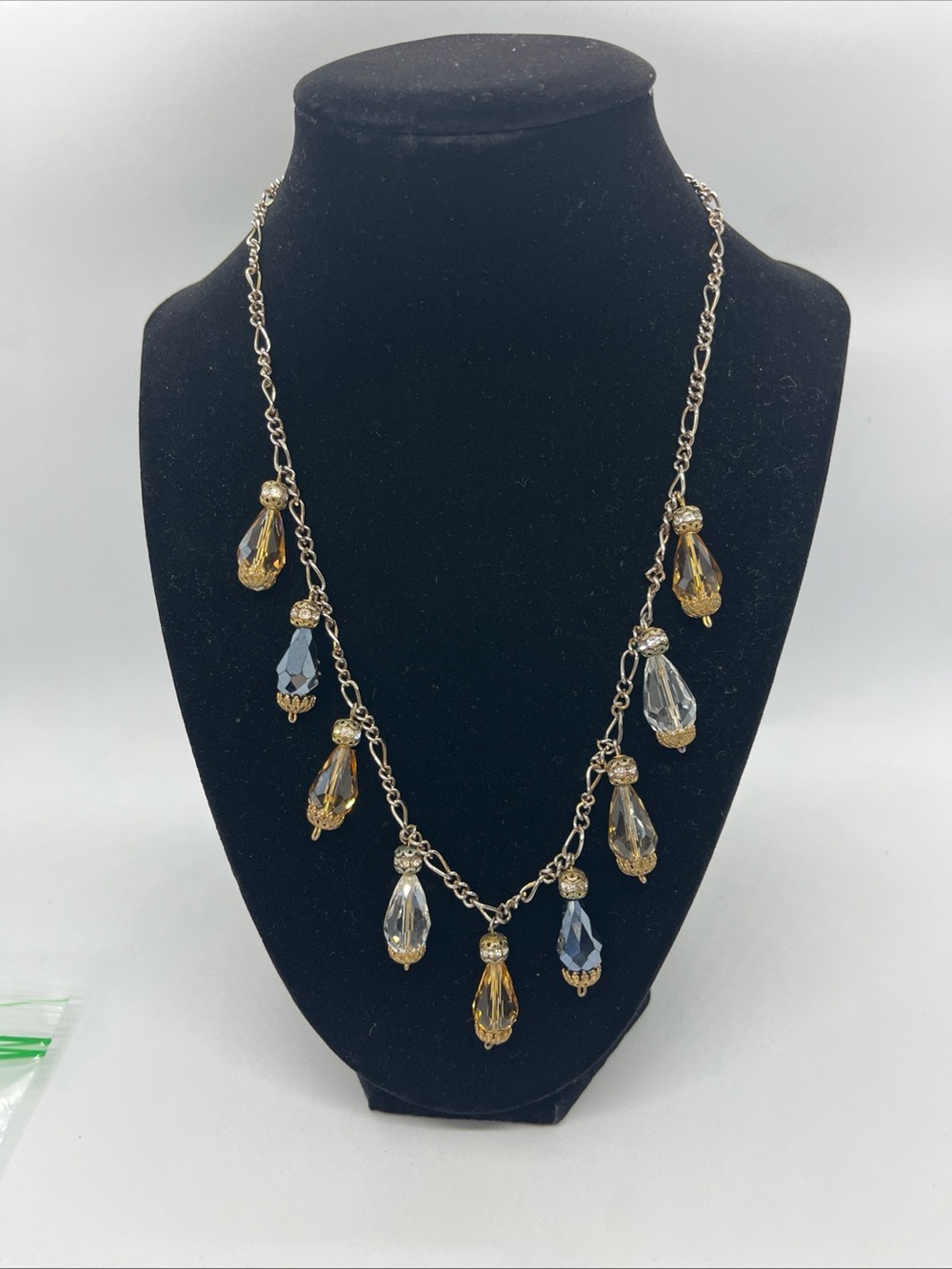 Necklace Gold Tone Faceted Dangle Beads Amber Clear Black Clear Rhinestones READ